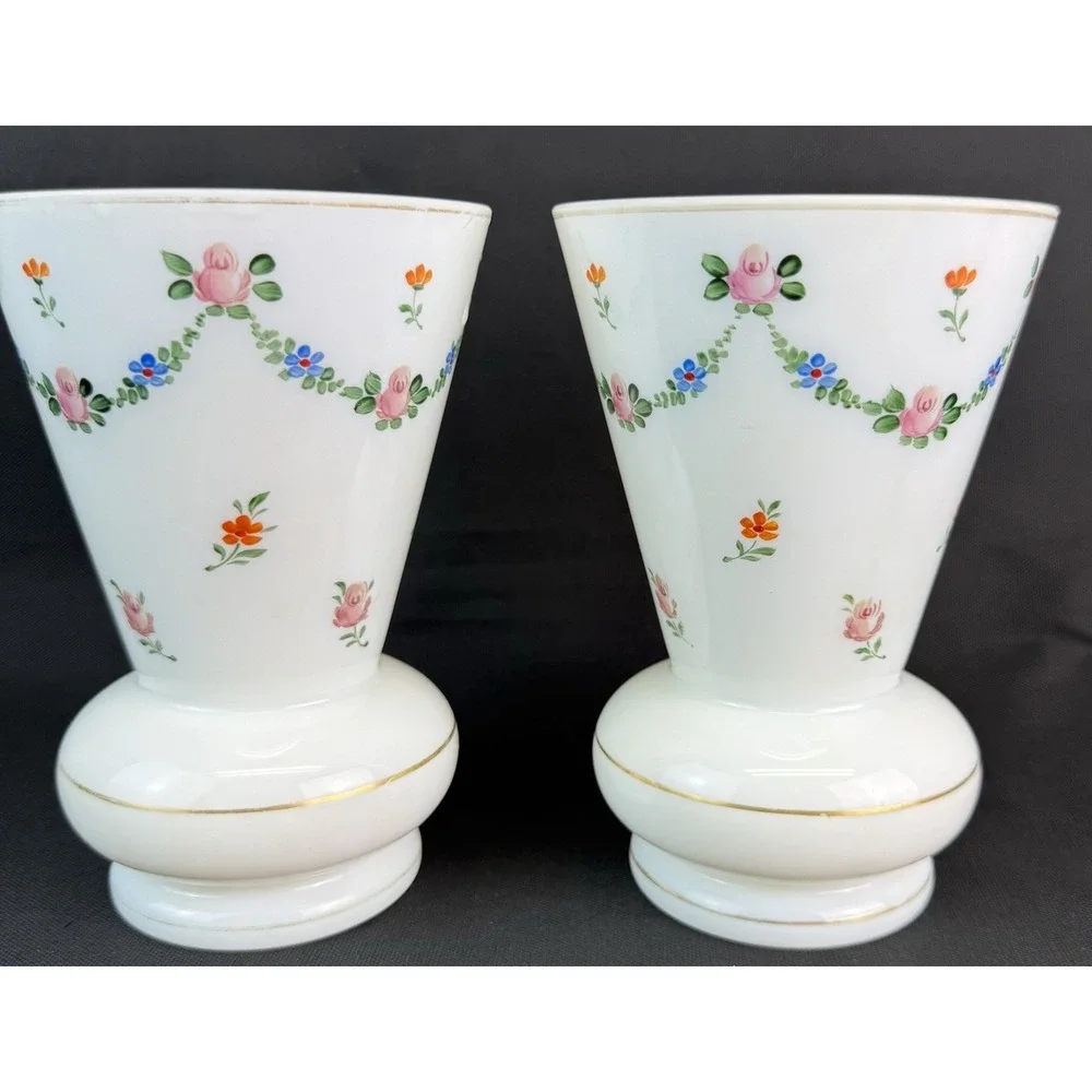 Lot Of 2 Vintage Czech White Porcelain Trumpet Style Vases Floral Pink Rose